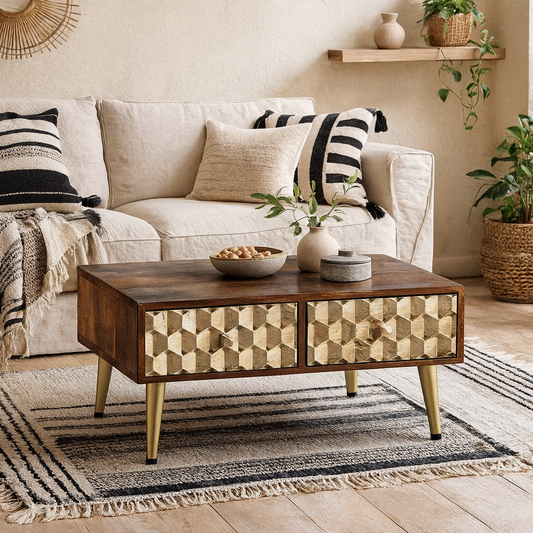 Beijing Mango Wood Coffee Table 2 Drawers Gold Geometric Pattern