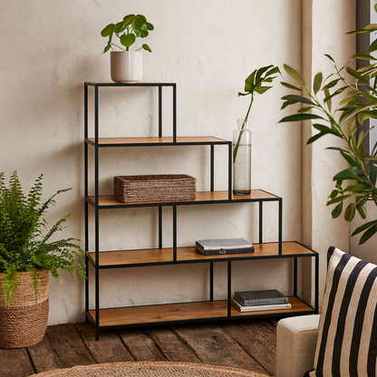 El Paso Black Metal and Natural Oak Veneer Frame Bookcase 4 Shelves in Step Design