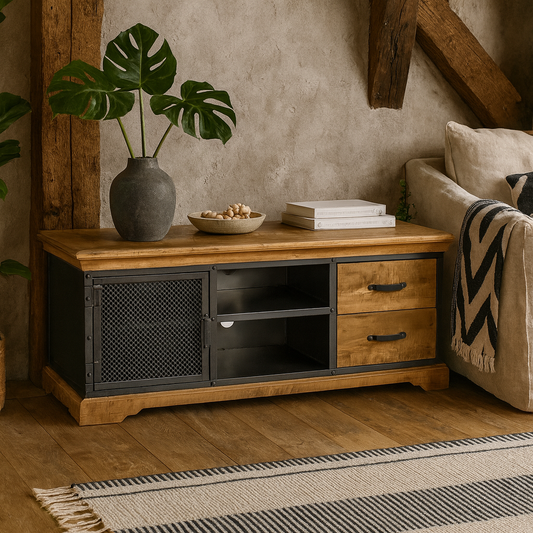 Albatross Mango Wood and Metal TV Media Unit 1 Door 2 Drawers