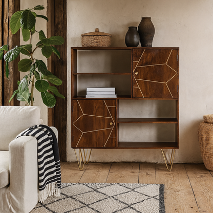 Bandung Dark Mango Wood and Gold Storage Cabinet 4 Shelves 2 Doors