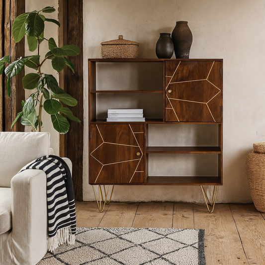 Bandung Dark Mango Wood and Gold Storage Cabinet 4 Shelves 2 Doors