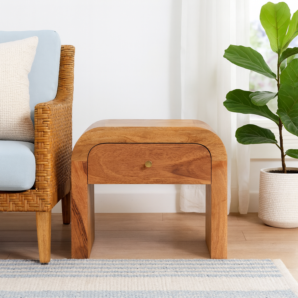 Tende Curved Minimalist Mango Wood Bedside Table with Drawer