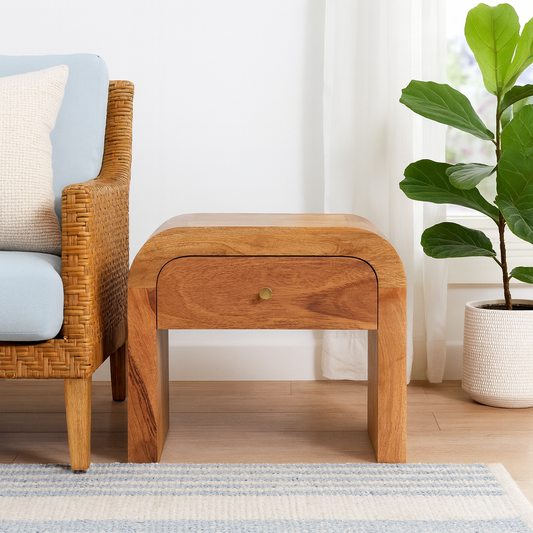 Tende Curved Minimalist Mango Wood Bedside Table with Drawer