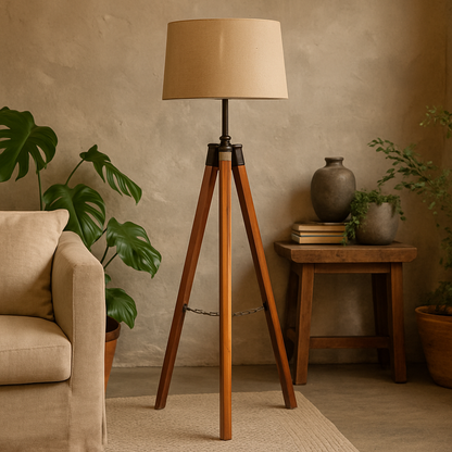 Phuket Fixed Chrome and Teak Wood Tripod Floor Lamp
