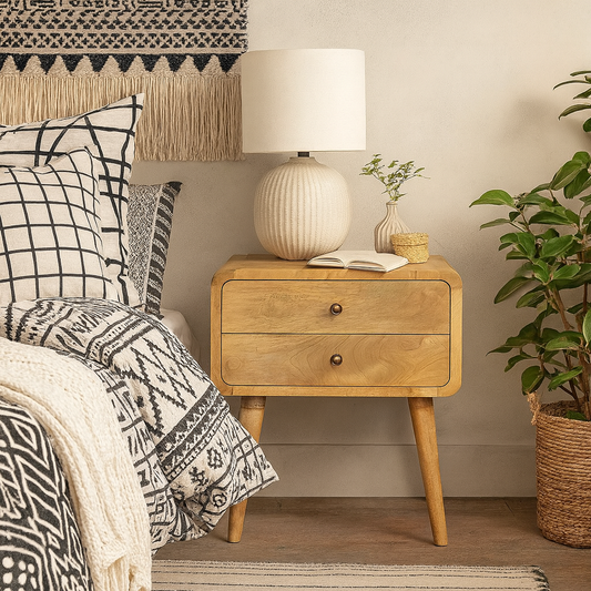 Trapani Curved Oak Mango Wood Bedside Table 2 Drawers