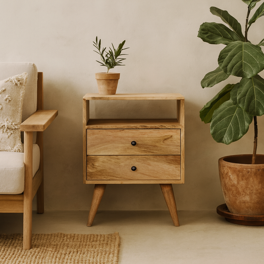 Megeve Classic Natural Oak Mango Wood Bedside Table 2 Drawers Open Shelf