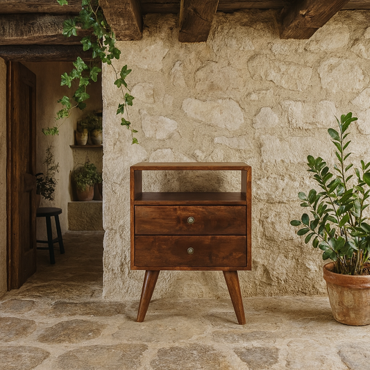 Camogli Mid-Century Chestnut Mango Wood Bedside 2 Drawers Open Shelf