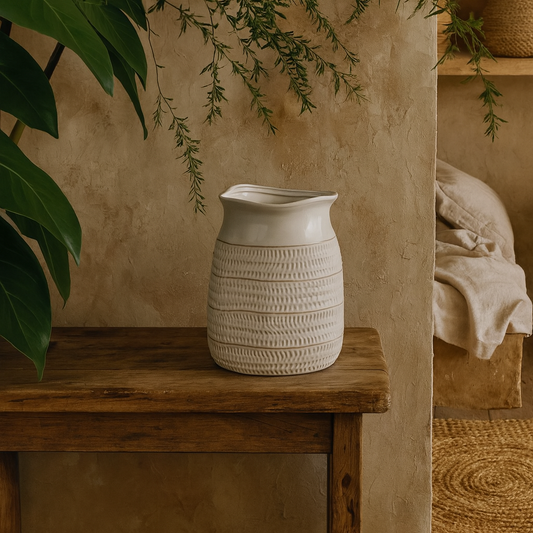 Saffron Cylinder Hewn Ceramic Vase with Textured Scandi Pattern