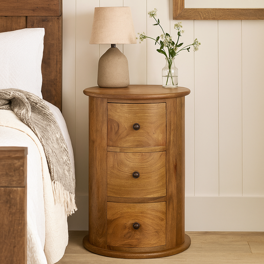 Amalfi 3 Drawer Wooden Drum Bedside Table