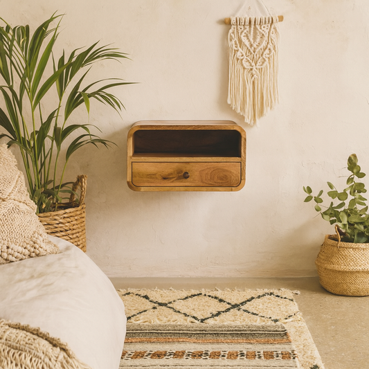 Alghero Large Solid Mango Wood Curve Floating Bedside with Upper Shelf