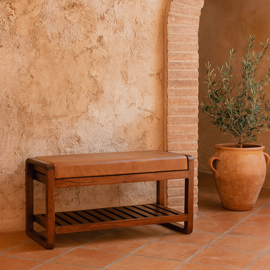 Spoleto Buffalo Leather and Mango Wood Slatted Hallway Bench