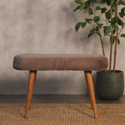 Rome Faux Fur Fabric Bench Mango Wood Legs