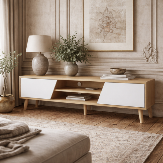 Katoha Sadi Wooden White And Wood Effect Scandinavian Style TV Console With Storage