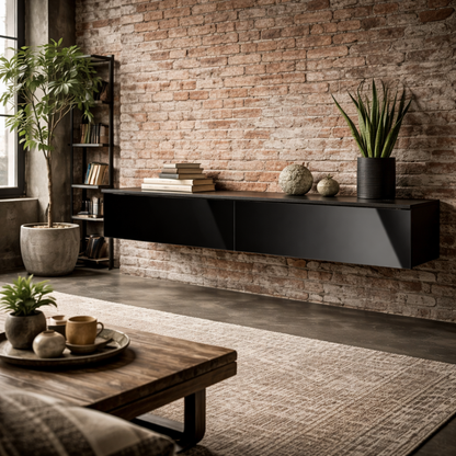 Elkaro High Gloss Grey And Black Floating TV Cabinet With Cupboards For Screens Up To 70 Inches