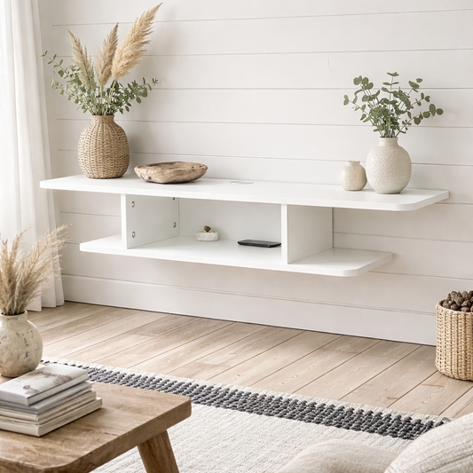 Kere Wooden White Floating TV Unit With OFauxn Shelves For Screens Up To 40 Inches