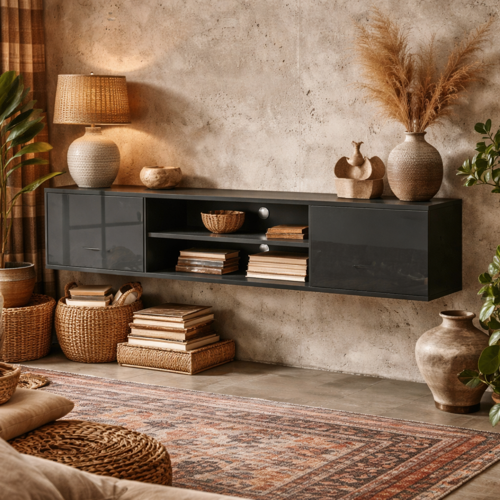 Minoco Wooden Grey Floating TV Stand With Shelf and Doors For Screens Up To 60 Inches