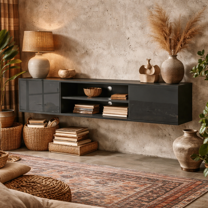Minoco Wooden Grey Floating TV Stand With Shelf and Doors For Screens Up To 60 Inches