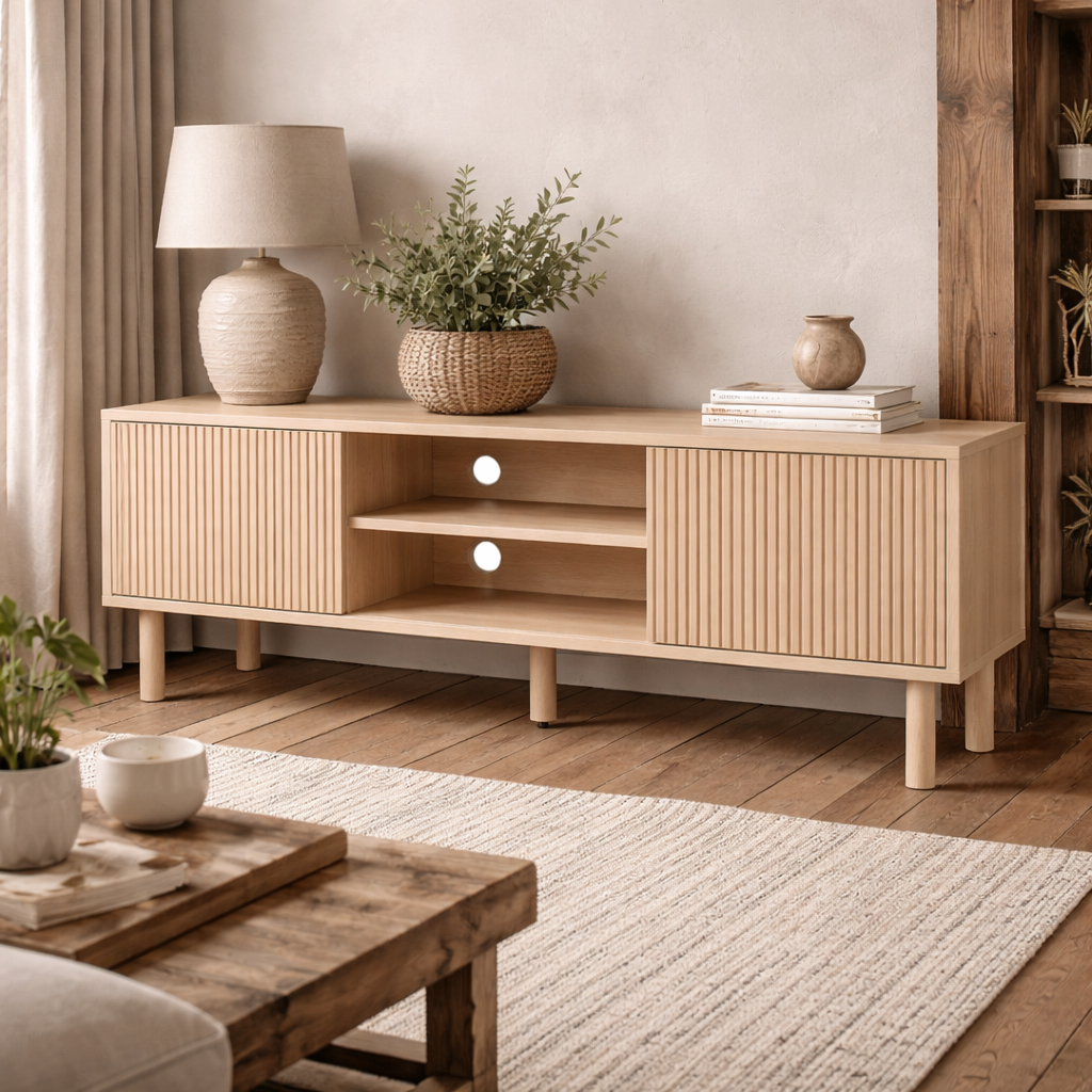 Rodo Wooden Oak Effect TV Storage Unit With Sliding Door Design