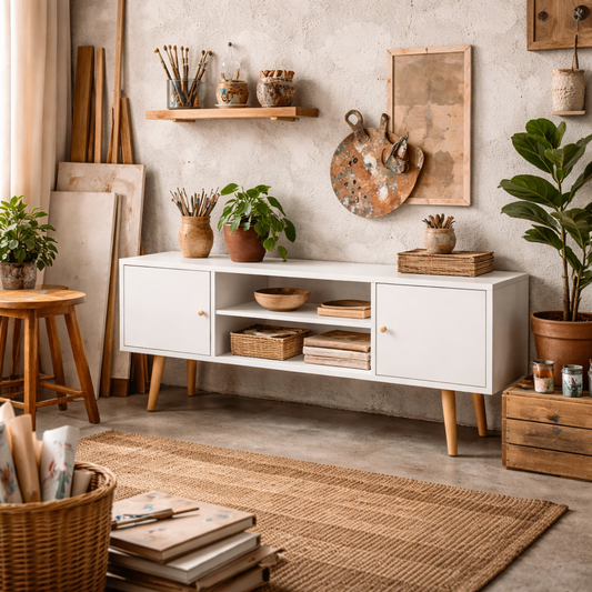 Vido 120cm Tozi Wooden White TV Cabinet With Open Shelves And Wooden Legs For Screens Up To 55 Inches