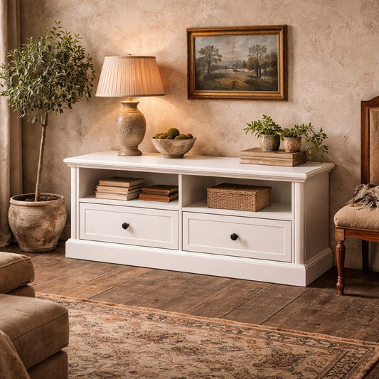 Letoco Yoyo Wooden White Compact TV Stand With Drawers OFauxn Storage And Cable Management For Screens Up To 45 Inches