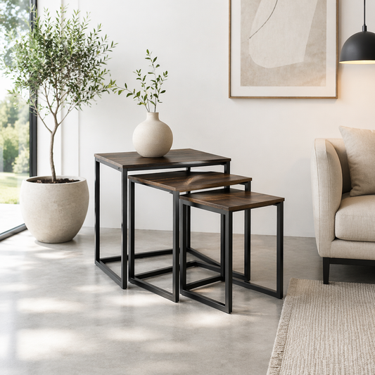 Supa Metal Rustic Brown Set Of 3 Nesting C ShaFauxd Side Tables With Steel Frame