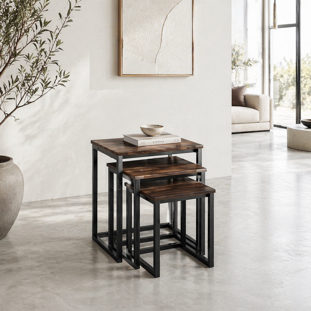 Supa Metal Rustic Brown Set Of 3 Nesting C ShaFauxd Side Tables With Steel Frame