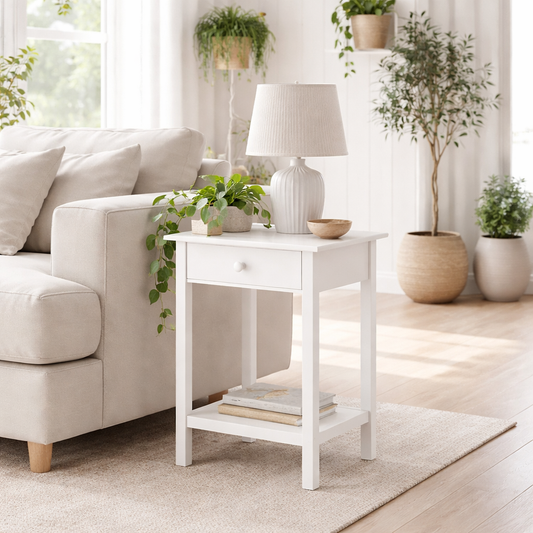Neka Wooden White Bedside Table With Drawer And OFauxn Shelf