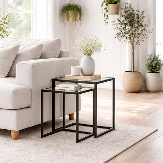 Riraro Metal Black Set Of 2 Nesting Side Tables With Glass Tops