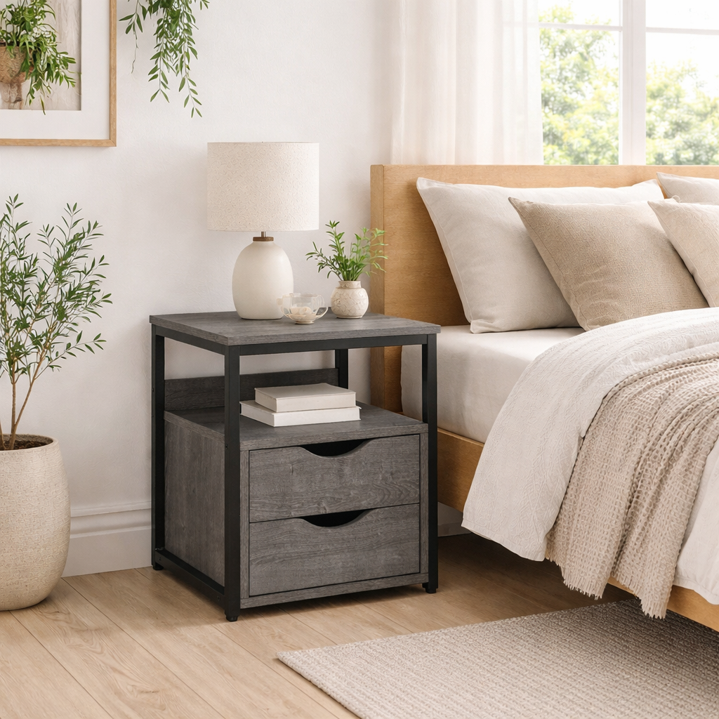 Sesopa Metal Grey Industrial Slim Bedside Table With Drawer And Shelf