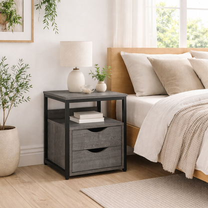 Sesopa Metal Grey Industrial Slim Bedside Table With Drawer And Shelf