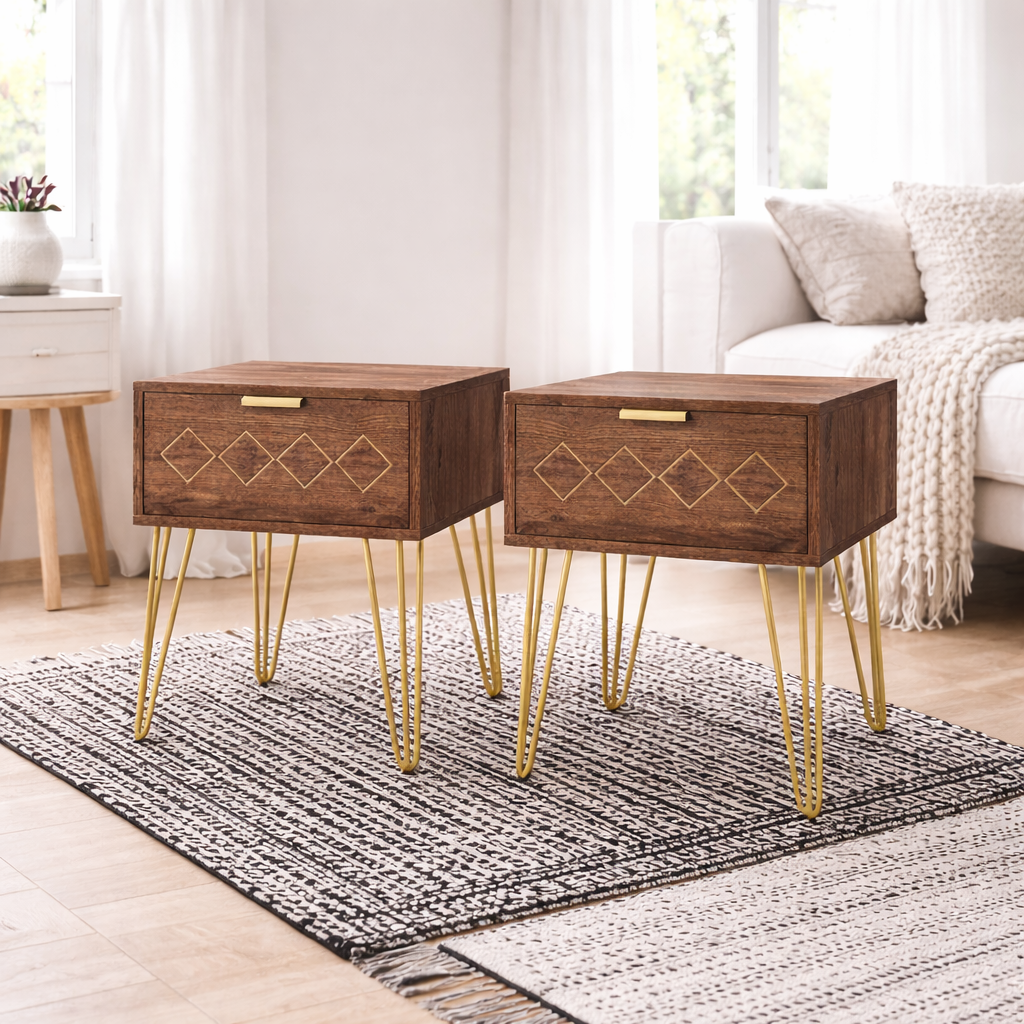 Keso Wooden And Metal Set Of 2 Bedside Tables With Drawers And Gold Tone Legs