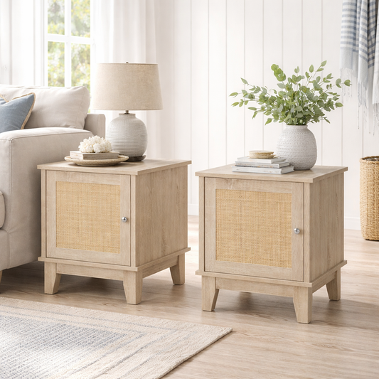 Rani Fini Wooden Natural Set Of 2 Bedside Tables With Rattan Door and Shelf