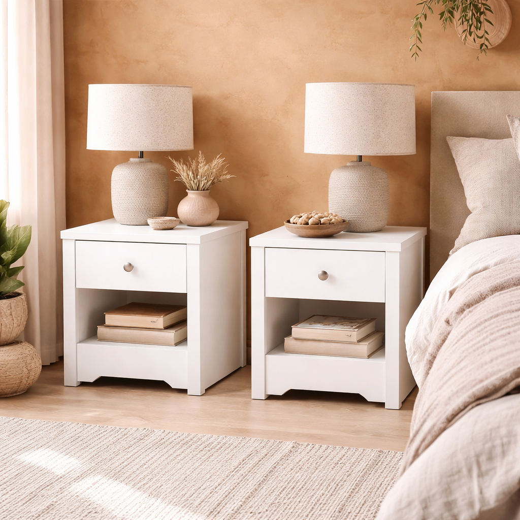 Vadoma Rika Wooden White Set Of 2 Bedside Tables With Drawer And Open Shelf