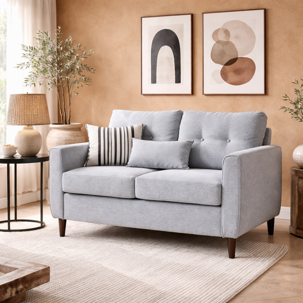 Kero Lora Fabric Light Grey 2 Seater Sofa With Spring Cushions And Wooden Legs