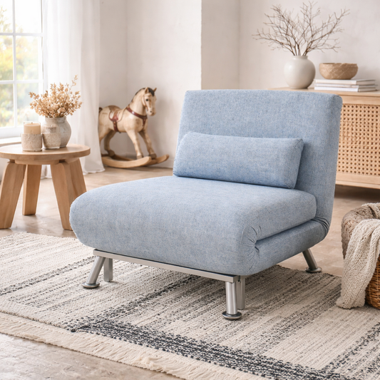 Varael Linen Sky Blue 3 In One Convertible Chair Bed With Adjustable Backrest And Pillow