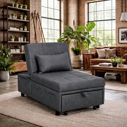 Bazi Fabric Grey 4 In One Convertible Chair Bed With Adjustable Back Side Pocket Wheels And Pillow