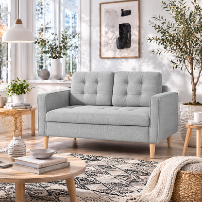 Pamo Fabric Light Grey Compact 2 Seater Sofa With Hidden Storage Tufted Seat And Wooden Legs