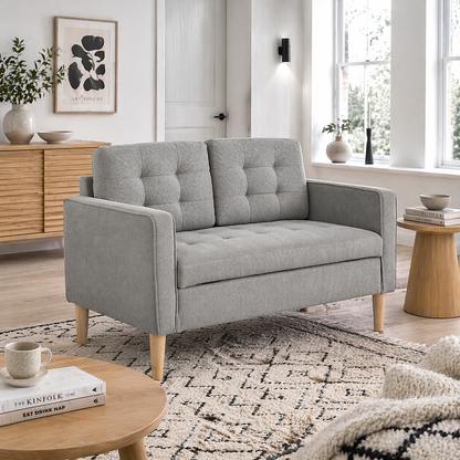 Pamo Fabric Light Grey Compact 2 Seater Sofa With Hidden Storage Tufted Seat And Wooden Legs