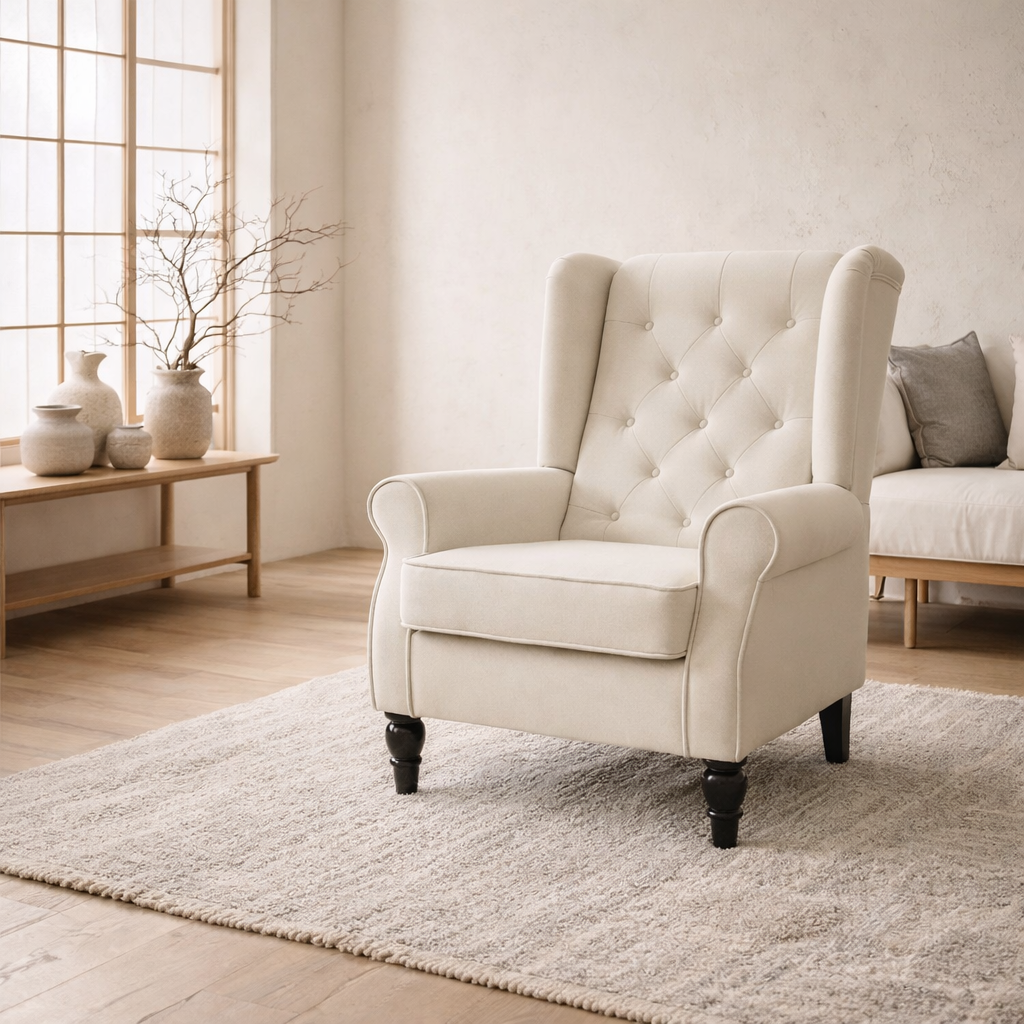 Vipamo Fabric Cream White Wingback Accent Chair With Button Tufted Upholstery