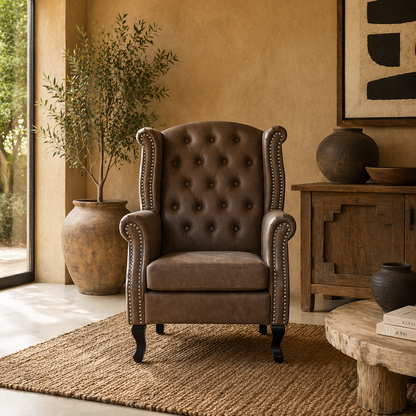 Selato Fabric Brown Wingback Accent Chair With Chesterfield Style Tufting And Nailhead Trim