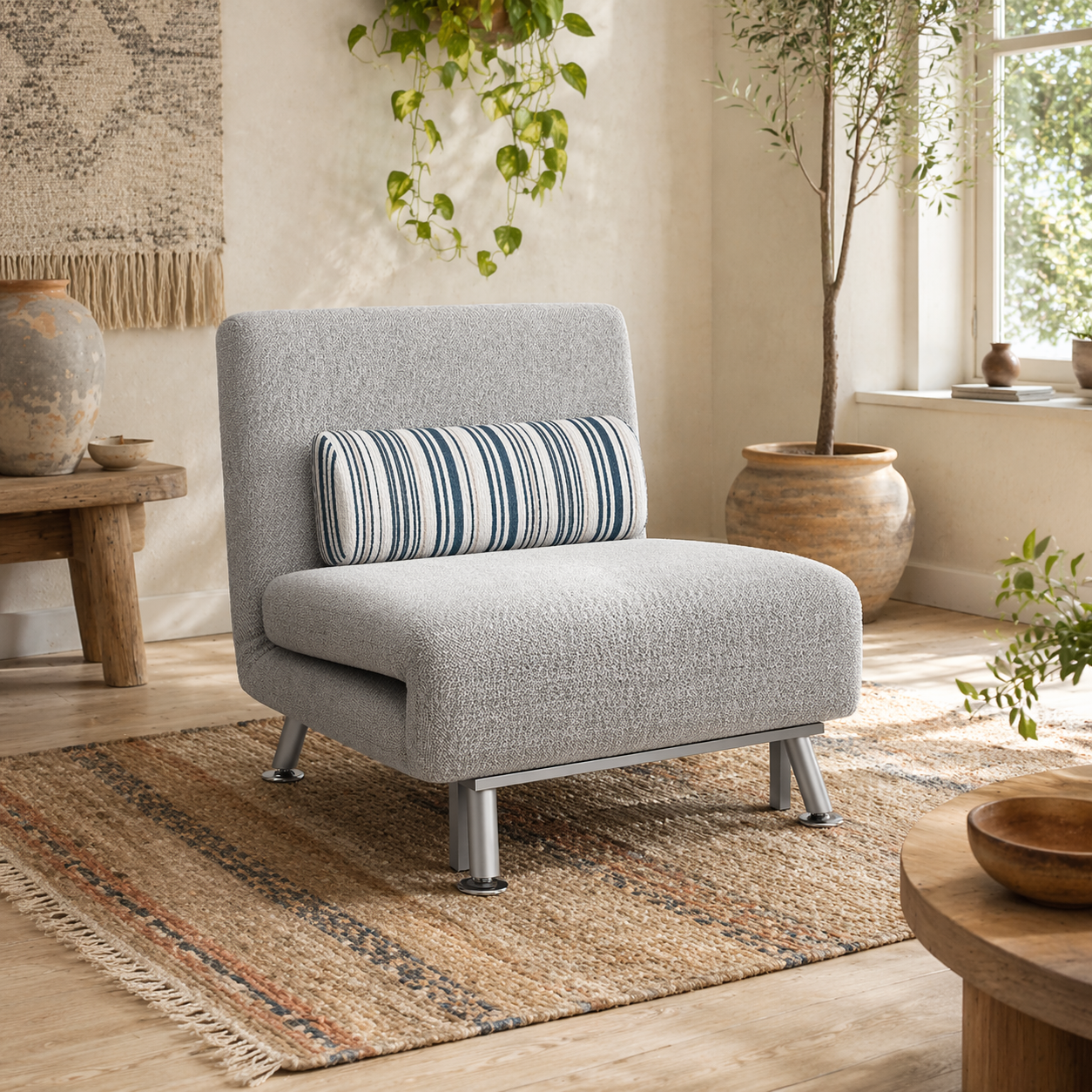 Coyo Kere Fabric Light Grey Single Sofa Bed With Fold Out SleeFauxr Design And Pillow