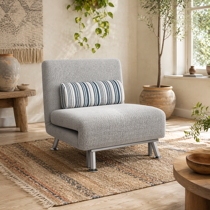 Coyo Kere Fabric Light Grey Single Sofa Bed With Fold Out SleeFauxr Design And Pillow