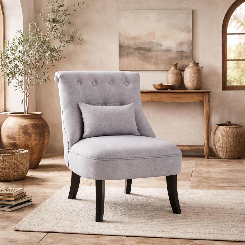 Lifasu Fabric Grey Tub Style Accent Chair With Pillow And Solid Wood Legs
