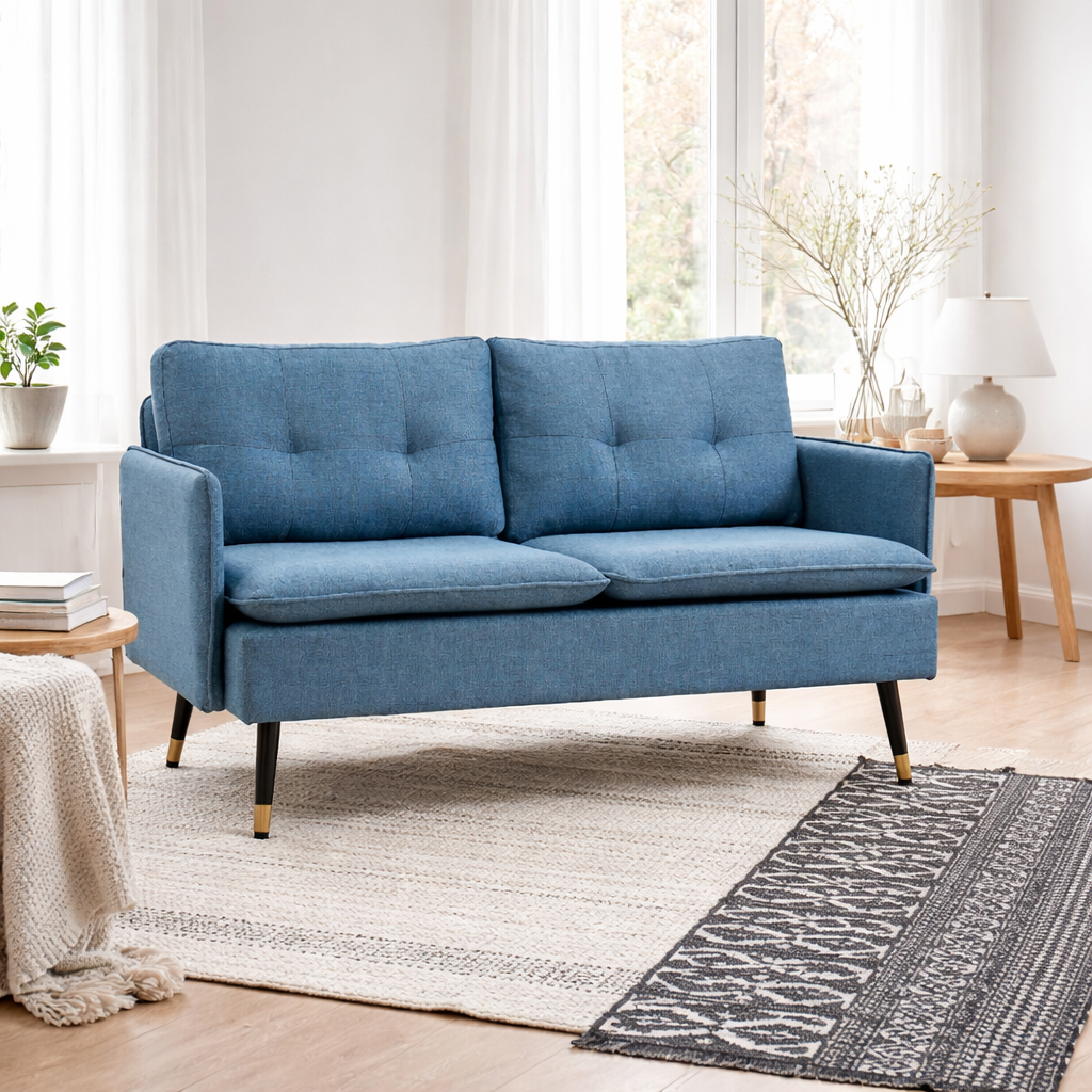 Mado Fabric Dark Blue Button Tufted 2 Seater Sofa With Cushions And Steel Legs