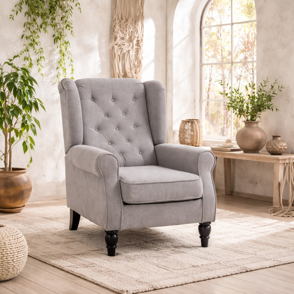Diveco Fabric Grey Wingback Accent Chair With Button Tufting And Wooden Frame