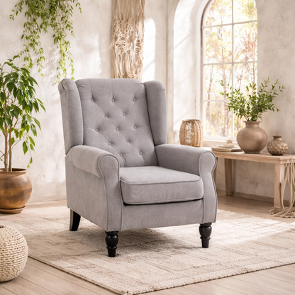 Diveco Fabric Grey Wingback Accent Chair With Button Tufting And Wooden Frame