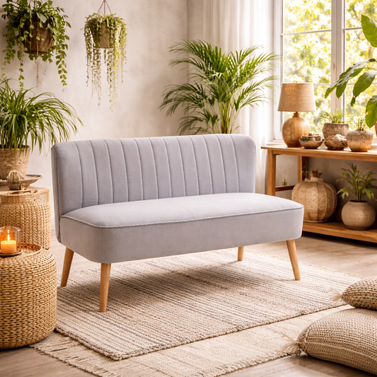Nebalo Light Grey Velvet 2 Seater Sofa With Wooden Angled Legs Panelled Stitch Back