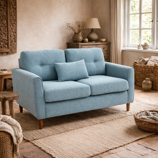 Ridozi Fabric Light Blue 2 Seater Sofa With Spring Cushions And Wooden Legs 140 cm