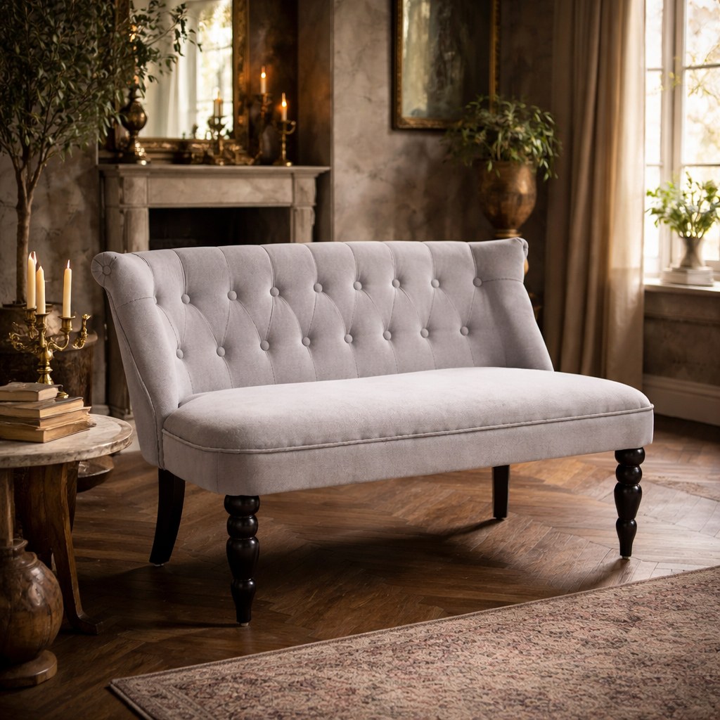 Tareta Doyo Velvet Grey Button Tufted 2 Seater Wingback Sofa With Rubberwood Legs