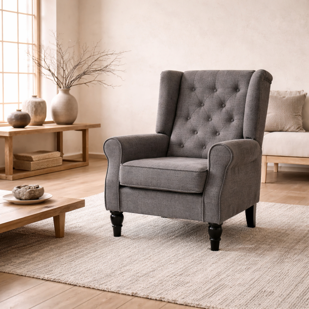 Keri Molo Snow Flannel Dark Grey Wingback Accent Chair With Button Tufting And Black Legs